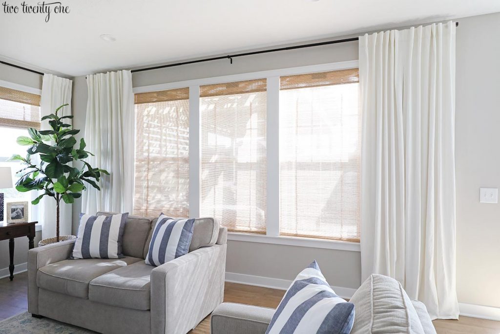 White Curtains On Big Living Room Windows