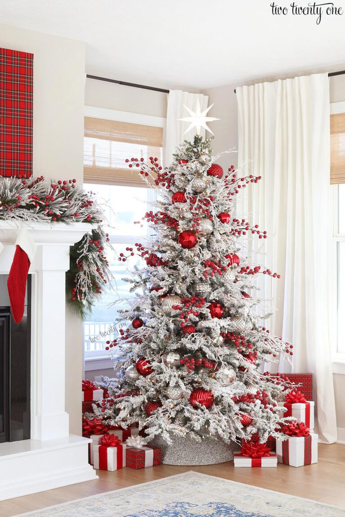 Red and White Flocked Christmas Tree